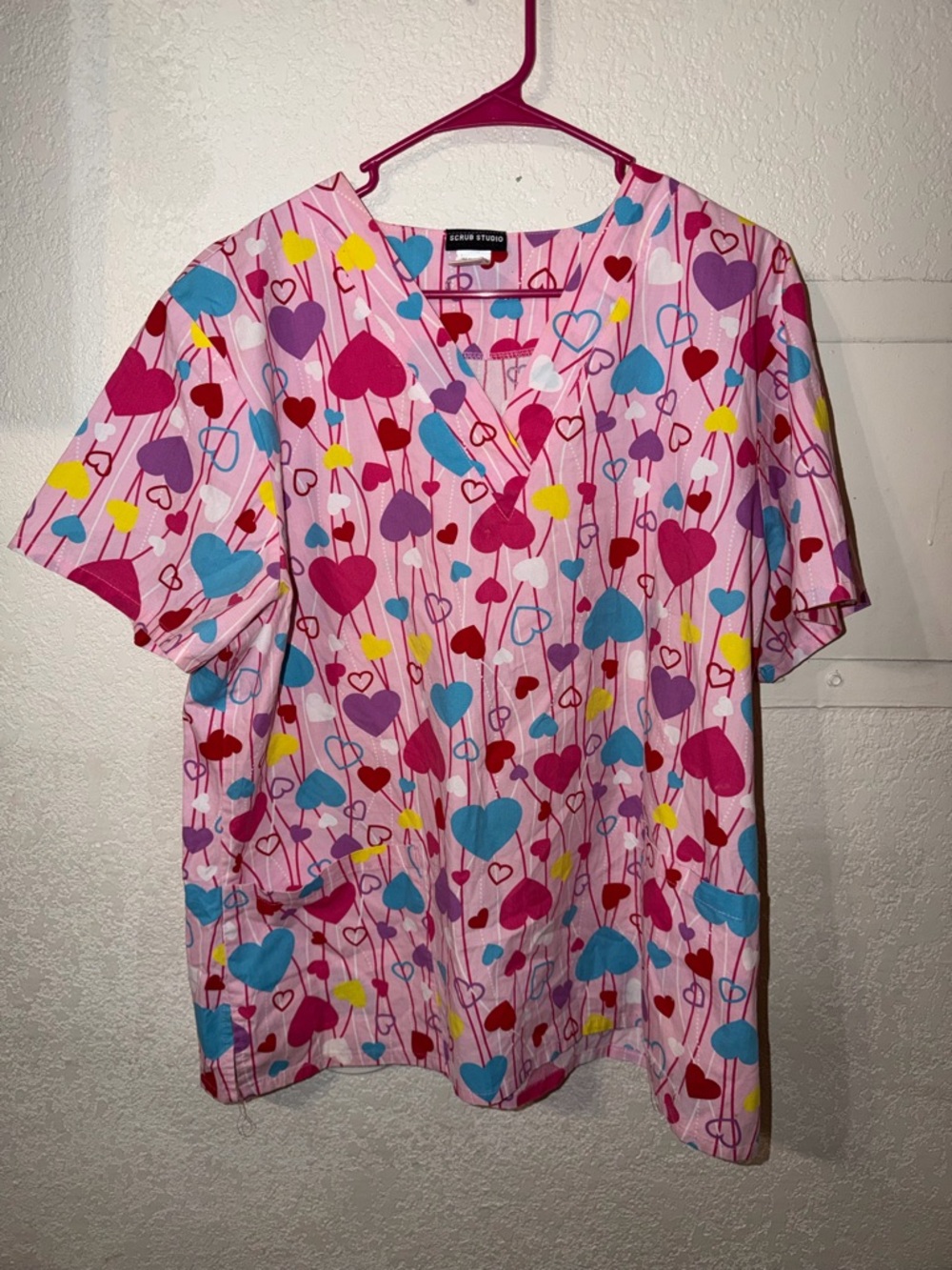 Pink Heart-Print Short Sleeve Scrub Top by